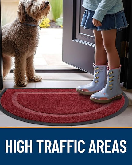 OLANLY Half Circle Door Mat Indoor Outdoor Entrance Welcome, Waterproof All-Season, All-Weather Doormat, Sturdy Natural Rubber, Low Profile, Easy Clean Patio Porch Entryway Mat, 29.5x17, Wine Red