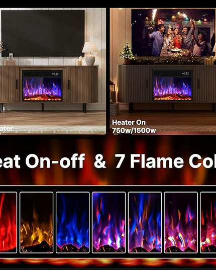 65" Fluted Fireplace TV Stand for TVs Up to 75 inches, Modern Entertainment Center with 23" Electric Fireplace, Wooden Curved TV Console with Sliding Doors for Living Room, Walnut
