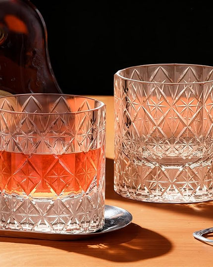 KAMMAK Crystal Whiskey Glass Set of 2, 7.44 oz (220ml) Old Fashioned Tumbler with Delicate Rim & Thick Stable Base, Hand Blown Lead-Free Barware for Scotch, Bourbon, Cocktail, 12-Facet