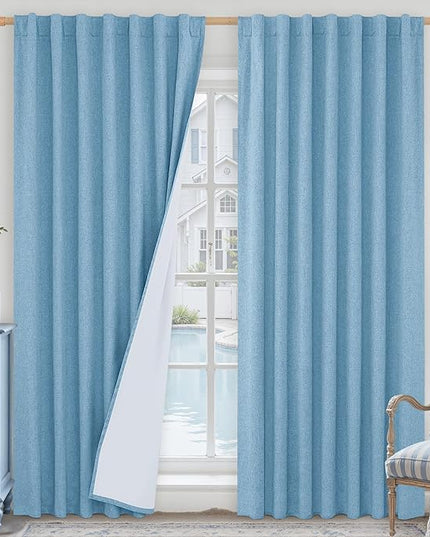 LAMIT Blue 100% Blackout Linen Curtains, 84 Inch Linen Textured Living Room Farmhouse Curtains Room Darkening Back Tab and Rod Pocket Burlap Neutral Panels with White Liner, 2 Panels, 60 x 84 Inch