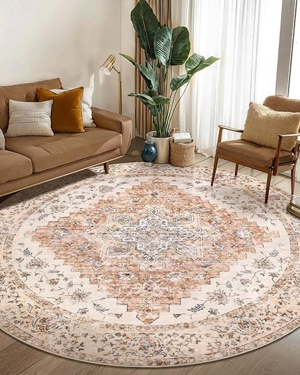 Ciicool Boho Area Rug Washable 6x6ft Round Bedroom Rug Non-Slip Oriental Throw Rug Low-Pile Floor Carpet for Dining Room Living Room(Vintage Cream/Brick)