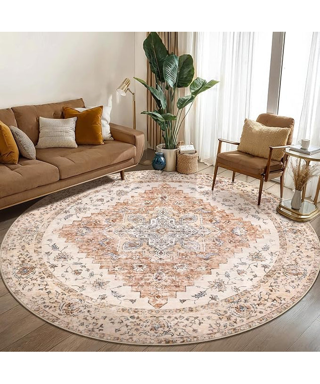 Ciicool Boho Area Rug Washable 6x6ft Round Bedroom Rug Non-Slip Oriental Throw Rug Low-Pile Floor Carpet for Dining Room Living Room(Vintage Cream/Brick)