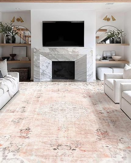 MUJOO 9'x12' Area Rug - Large Pink Boho Washable Non Slip Blush Pink Big Carpet Floral Flowers