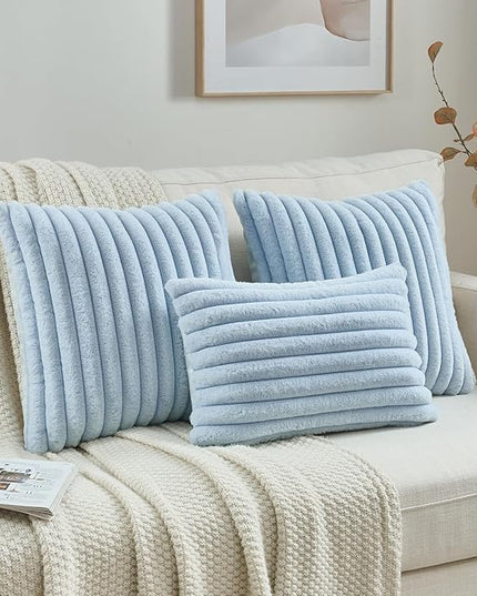 FUTEI Light Blue Throw Pillow Covers Set of 2, 12x20 Inch Striped Texture Lumbar Pillow Cases with Soft Faux Rabbit Fur Front & Velvet Back, Modern Decorative Couch Pillows for Living Room