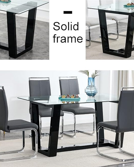Ebullient Glass Dining Table Set for 4, Modern Dining Table Set for 4, Tempered Glass Tabletop with White MDF Trapezoid Legs, Rectangle Kitchen Table with 4 Faux Leather Chairs for Home Apartment