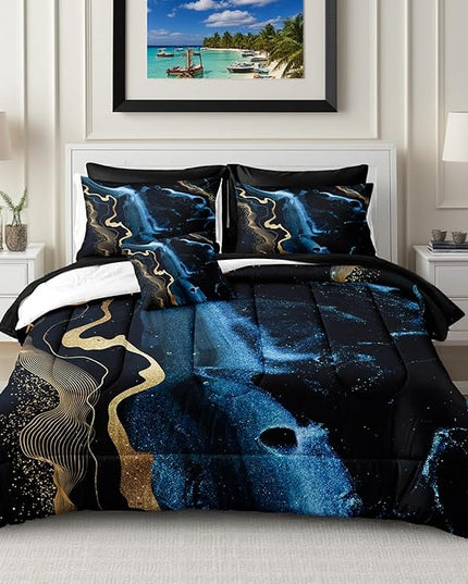 Bedbay Blue Marble King Size Comforter Set Blue Gold Marble Comforter Set 8 Pieces Soft Lightweight Bed in a Bag Metallic Luxury Bedding Set