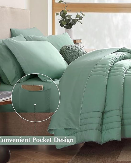 Monbix Queen Comforter Set - 7 Pieces Harbor Green Bed in a Bag Queen Bedding Sets with Comforters, All Seasons Down Alternative Comforter Bed Set with Sheets, Pillowcases & Shams