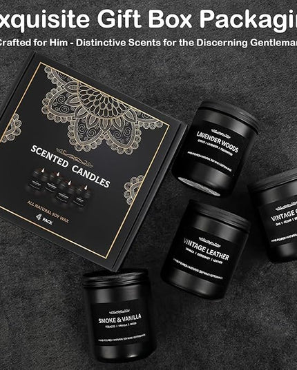 Scented Candle Set, Men Candle Set, Scented Candles for Home, Gifts for Men, 4 Pack Manly Candles Gifts for Mens Scents of Smoke Vanilla/Leather/Oak/Lavender Wood