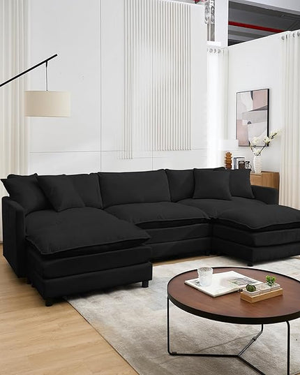 Modular Sectional Sofa,108.27'' Modern Sleeper Sofa Couch with 3 Seat & 2 Ottoman & 3 Pillows Sofa Set, Cloud Couches with Movable Ottoman Deep Seat Couch for Living Room, Chenille (Black, U Shaped)