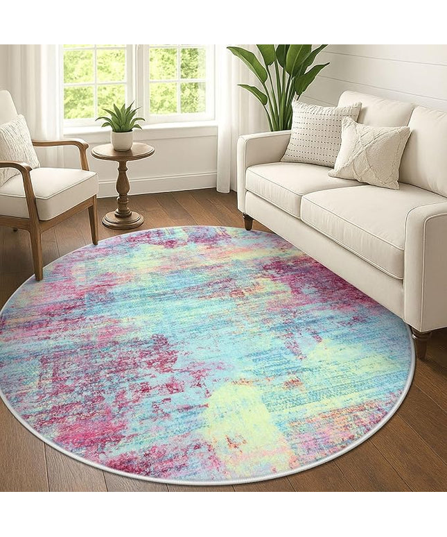 IOHOUZE Abstract Round Area Rug 6 Ft Washable Circle Rugs Large Round Rug Non Slip Thin Soft Circle Rugs, Printed Faux Wool Floor Carpet for Bedroom Living Room Dining Room Nursery, Pink Teal