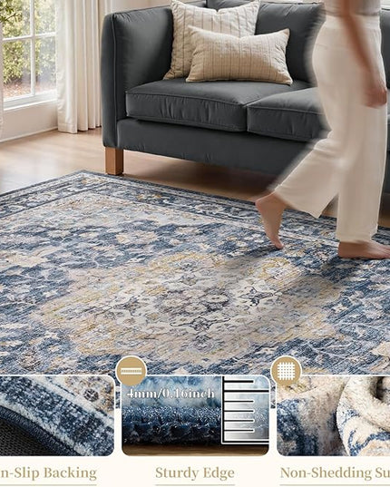 PADOOR-Vintage Runner Rug 2X10 Runners for Hallways-Soft Blue Washable Bedside Rugs for Bedroom-Non Slip Long Rug for Hallways Entryway Laundry Room Stair Kitchen Bathroom