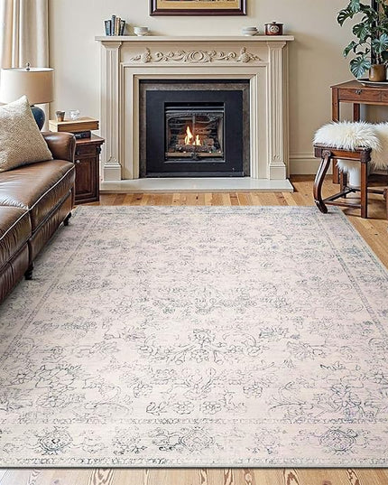 jinchan 8x10 Machine Washable Area Rugs for Living Room – Vintage Floral Soft Stain Resistant Low Pile Rug, Non Slip Ultra-Thin Carpet for Bedroom, Dining Room, Home Office, Nursery (8'x10', Ivory)