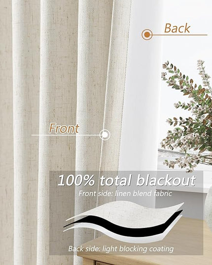 Guken Cream Linen Blackout Curtains 78 Inch Length 2 Panels Set for Living Room Bedroom Back Tab Thermal Insulated 100% Black Out Linen Drapes Room Darkening Window Curtains