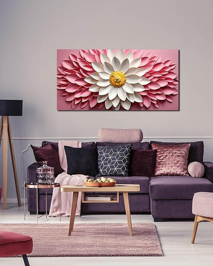 Ouzzlie Pink Wall Picture for Bedroom Flower Wall Decor White Canvas Wall Art Floral Artwork for Living Room Office 20" x 40"