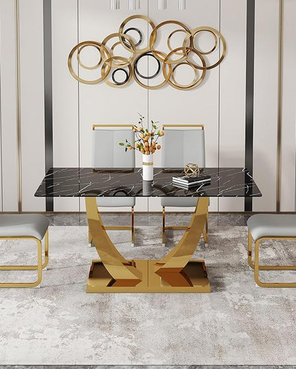 63” Dining Room Table Set for 4,Modern Gold Dining Table Set for 4 PU Leather Chairs,Black Faux Marble Dinner Table Set with Tempered Glass Top and Golden Base