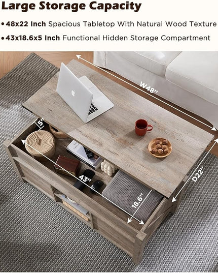 OKD 48" Farmhouse Lift Top Coffee Table with Sliding Barn Door, Rustic Center Table w/Hidden Storage Compartment, Lift Tabletop Dining Table w/Adjustable Shelf for Living Room,Light Rustic Oak