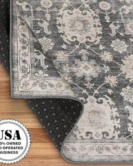 ReaLife Rugs Machine Washable Area Rug Runner - Living Room Bedroom Bathroom Kitchen Entryway - Padded Low Pile Stain Resistant Premium - Boho Farmhouse Vintage - Bryn - Gray Beige Ivory 3' x 5'