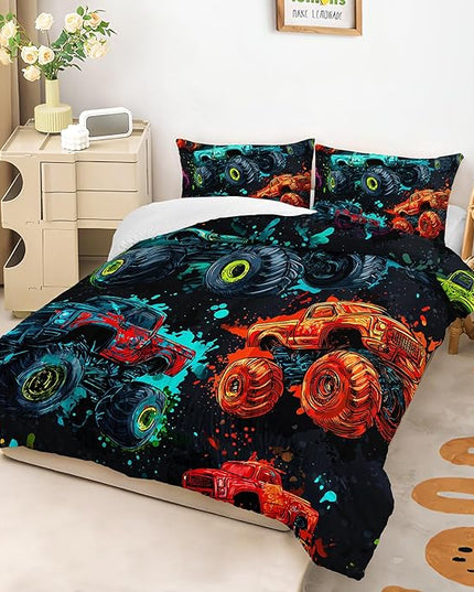 AILONEN Monster Truck Print Comforter Set Twin Size,Cartoon Trucks Bedding Sets for Kids Teens Boys,Cool Graffiti Duvet Set,3-Piece, 1 Quilt and 2 Pillowcases,Soft Microfiber
