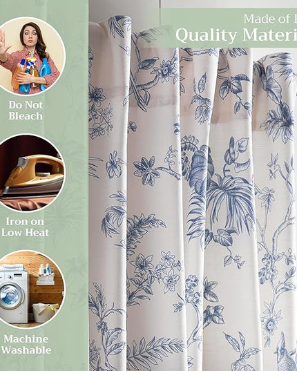 Maison d' Hermine Curtains for Living Room 100% Cotton 96 inch Length One Panel Light Filtering Toile Curtains for Bedroom Windows with Rod and Loop Pockets Drapes (Jouy Paradise Blue, 50" W x 96" L)