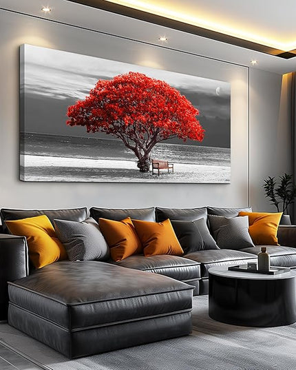 wall art for living room Decorations Photo Prints - panoramic black and white with red trees The moon Landscape - Modern Home Decor The room Stretched and Framed Ready to Hang artwork 30x60inches