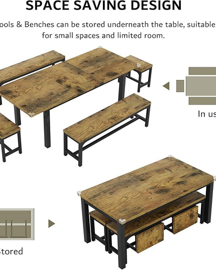 iPormis 5-Piece Dining Table Set for 4-8 People, Extendable Kitchen Table Set with 2 Benches and 2 Square Stools, Mid-Century Dining Room Table with Metal Frame & MDF Board, Saving Space, Rustic Brown