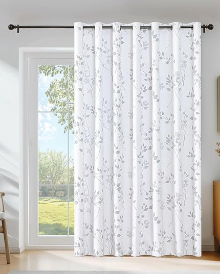 Beauoop Floral 100% Blackout Curtains 84 Inch Length 1 Panel for Patio Sliding Door Extra Wide Grey White Flower Patterned Divider Room Darkening Thermal Soundproof Grommet Window Drapes,100x84, 1 set