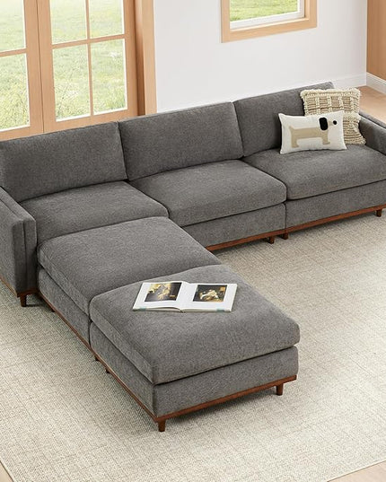 CHITA Super Large Luxury L Shape Convertible Sectional Modular Sofa, Down Filled Modern Sofa, Deep Seat Cloud Couch, 118 inch Width, 5 Seat Couch with Chaise, 2 Ottomans, Solid Wood Leg, Grey