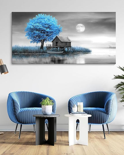 JEAWA Large Canvas Wall Art Decor - Blue Gray Wall Art for Living Room Home Office, Winter Landscape Wall Art Canvas Paintings, Moon Pictures Wall Decor, Tree Art Wall Decor, 29x58 IN