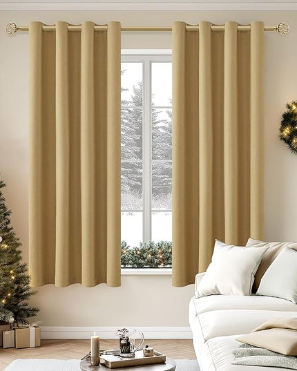 ChrisDowa 100% Blackout Mustard Yellow Solid Curtains 63 Inches Long 2 Panels for Bedroom Living Room,Farmhouse Room Darkening Thermal Insulated Soundproof Grommet Top Window Treatment Drapes,52x63