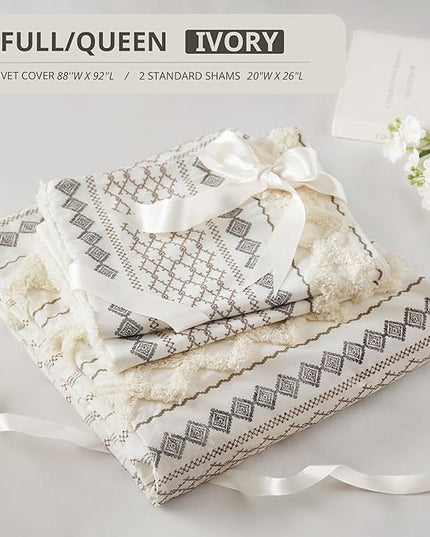 INK+IVY Imani 100% Cotton Duvet Mid Century Modern Design, All Season Comforter Cover Bedding Set, Matching Shams, Full/Queen, Ivory Chenille Tufted Accent 3 Piece