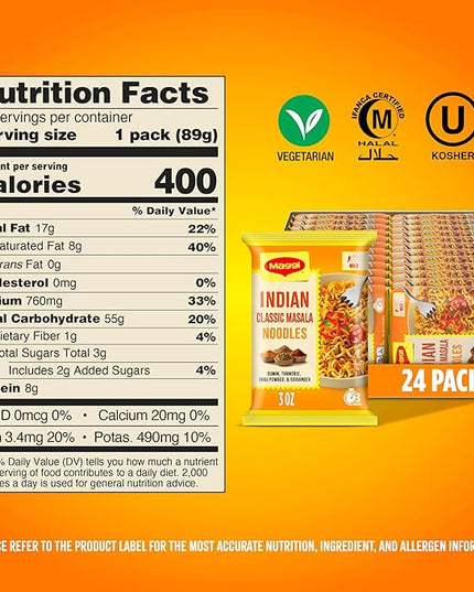 Maggi Indian Classic Masala Noodles, Instant Ramen Noodles Pack, 3 min, Mildly Spicy, Vegetarian, Halal, Kosher, 24 Pack