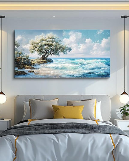 XIGUANGART Coastal Canvas Prints Wall Art Beach Sunset Ocean Waves Nature Pictures Trees on Rock Blue Painting Seascape Wall Decor for Living Room Bedroom Bathroom Home Office Artwork 40L x 20W