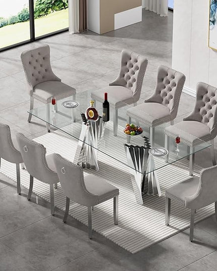 9 Piece Glass Dining Table Set,70" Dinner Room Glass Table Set for 8,Modern Kitchen Dinner Table Set with Stainless Steel Base and 8 Upholstered Velvet Dining Chairs for Living Dining Room