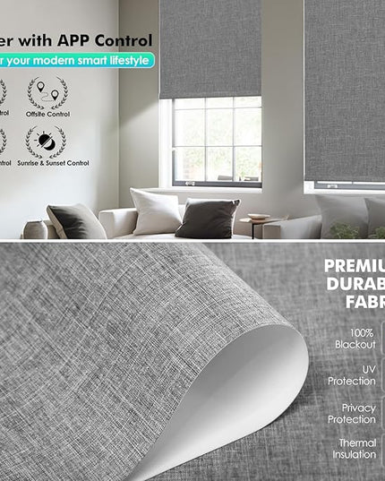Motorized Blinds with Remote, Hub-Free Smart Blinds Work with Alexa, Automatic Roller Shades for Windows with Matter Motor, Cordless Blackout Shades, Solar Panel, Rechargeable, Grey, 29*72