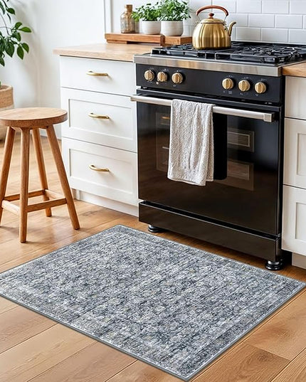 2x3 Washable Rug Soft Area Rug for Entryway, Grey Brown Non-Slip Indoor Door Mat Distressed Floral Low-Pile Kitchen Rugs, Neutral Vintage Carpet for Entrance Kitchen Bedside Farmhouse