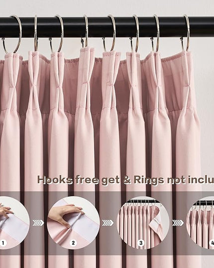 KEQIAOSUOCAI Blackout Curtain Drapes Pleated with Hooks,Thermal Insulated Darkening Solid Sound Reducing Drapes Light Blinds Window Treatment for Bedroom Living Room(Baby Pink, 2 Panels, W40 x L102)