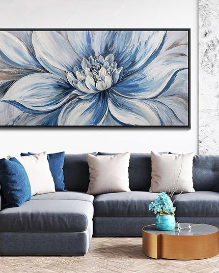 Pogusmavi Blue Floral Wall Art for Living Room - Large Textured Flower Pictures for Bedroom - Canvas Paintings, Extra Large Blue and White Wall Decor Dining Room Artwork for Walls 29×58IN
