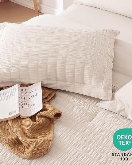 MUXHOMO 7 Pieces Queen Comforter Set, Seersucker Bed in a Bag Queen Size, All Season Luxury Bedding Set with Comforter, Flat Sheet, Fitted Sheet, Pillowcases & Shams, Beige