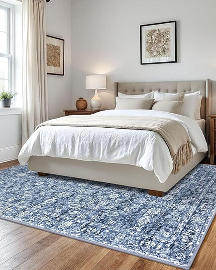 6x9 Area Rug for Living Room, Blue Washable Area Rugs for Bedroom, Soft Vintage Floral Rug with Non-Slip, Non-Shedding Traditional Farmhouse Carpet for Nursery, Dining Room, Office, Playroom