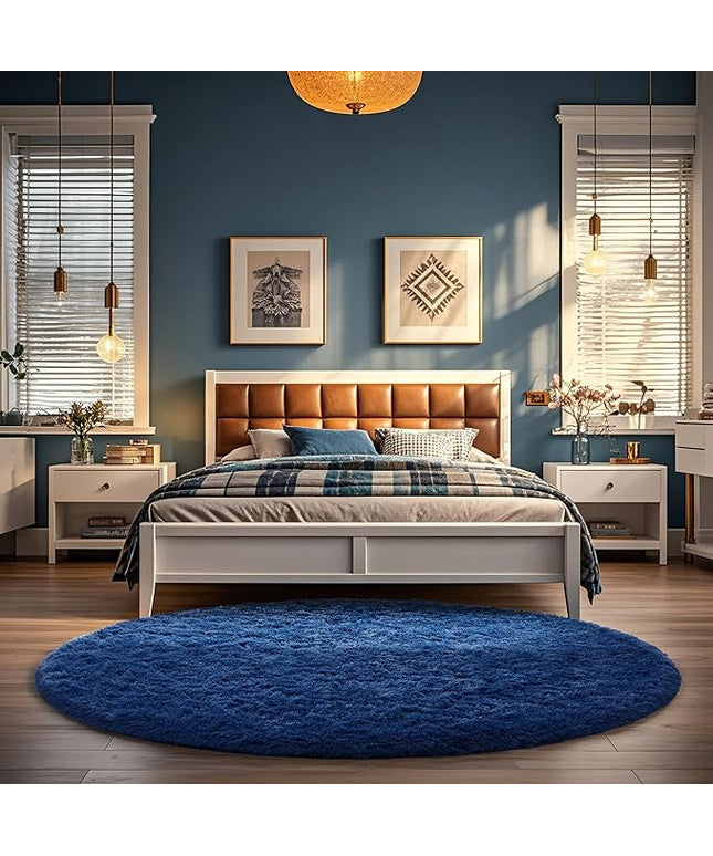 Ophanie Round Rug 5Ft Blue Circle Area Rug, Boys Room Decor, Fluffy Fuzzy Bedroom Carpet, Plush Soft Shaggy Living Room Rugs for Kids Home Decor Aesthetic, Nursery