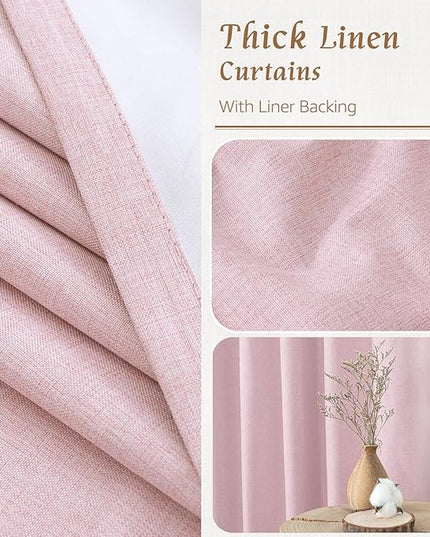 LAMIT Pink 100% Blackout Linen Curtains, 84 Inch Linen Textured Living Room Farmhouse Curtains Room Darkening Back Tab and Rod Pocket Burlap Neutral Panels with White Liner, 2 Panels, 60 x 84 Inch
