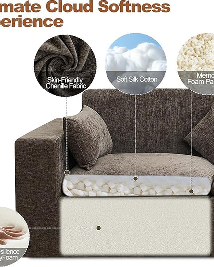 115''Cloud Boneless Sectional Couch, Modular Sectional Sofa Deep Seat, Oversized Upholstered Convertible Comfy 3 Seater Chenille Memory Foam Sofa Couches for Living Room, Brown