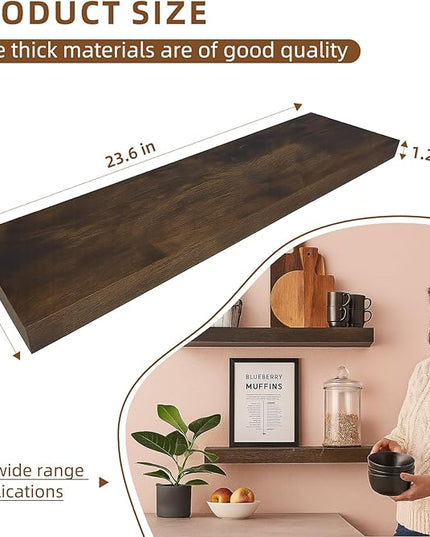 Floating Shelves for Wall, 23.6 inch Long Set of 3 Wood Rustic Wall Mounted Shelves, Display Shelf with Invisible Heavy, Large Deep Shelves for Home Decor & Storage for Living Room, Kitchen