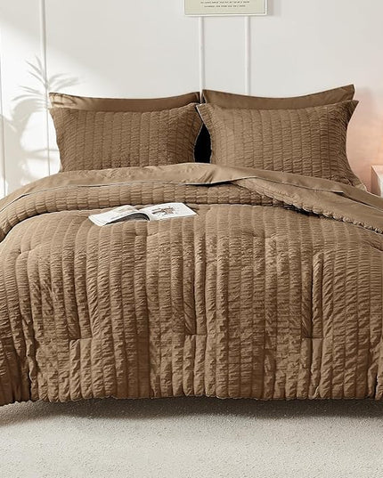 HYMOKEGE Brown Queen Comforter Set Seersucker 7 Pieces, All Season Luxury Bed in a Bag Queen for Bedroom, Bedding Set with Comforter, Sheets, Pillowcases & Shams