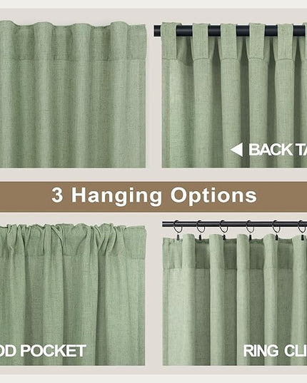 Sage Green Curtains 96 Inches Long for Living Room 2 Panels Back Tab Loop Pocket Linen Draperies Semi Privacy Sheer Light Weight Pale Green Curtains for Bedroom Office Bay Neutral Boho Farmhouse 8 FT