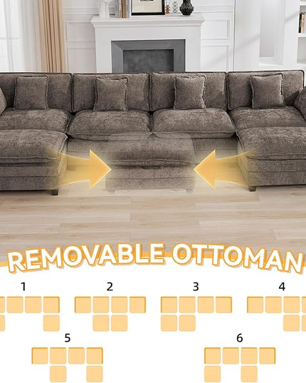 147'' Sectional Cloud Deep Seat Couch, Oversized Chenille U Shaped Sectional Sofa for Living Room Set, Comfy Upholstered Modular Sectional Sofa Couch with Movable Ottoman, Brown