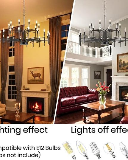 Black Chandelier 30 Light Large Modern Farmhouse Chandeliers for Dining Room Lights Fixture, 47" Round Candle Large Chandeliers for High Ceilings Living Room Foyer Entryway 2 Tier