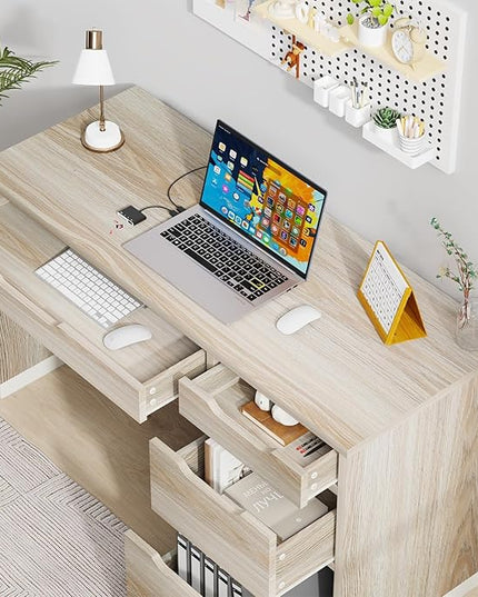 52 Inch Desk with 4 Drawers, Computer Desk with Storage File Cabinet for Bedroom, Small Office Desk with Storage for Small Space, White and Walnut