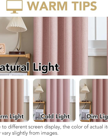 H.VERSAILTEX Linen Curtains 100% Blackout Curtains for Bedroom 45 inch Long Full Light Blocking Nature Linen Blended Window Curtains for Living Room Nickel Grommet (2 Panels, Heathered Baby Pink)