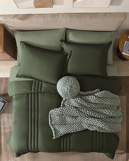 Monbix Queen Comforter Set - 7 Pieces Olive Green Bed in a Bag Queen Bedding Sets with Comforters, All Seasons Down Alternative Comforter Bed Set with Sheets, Pillowcases & Shams